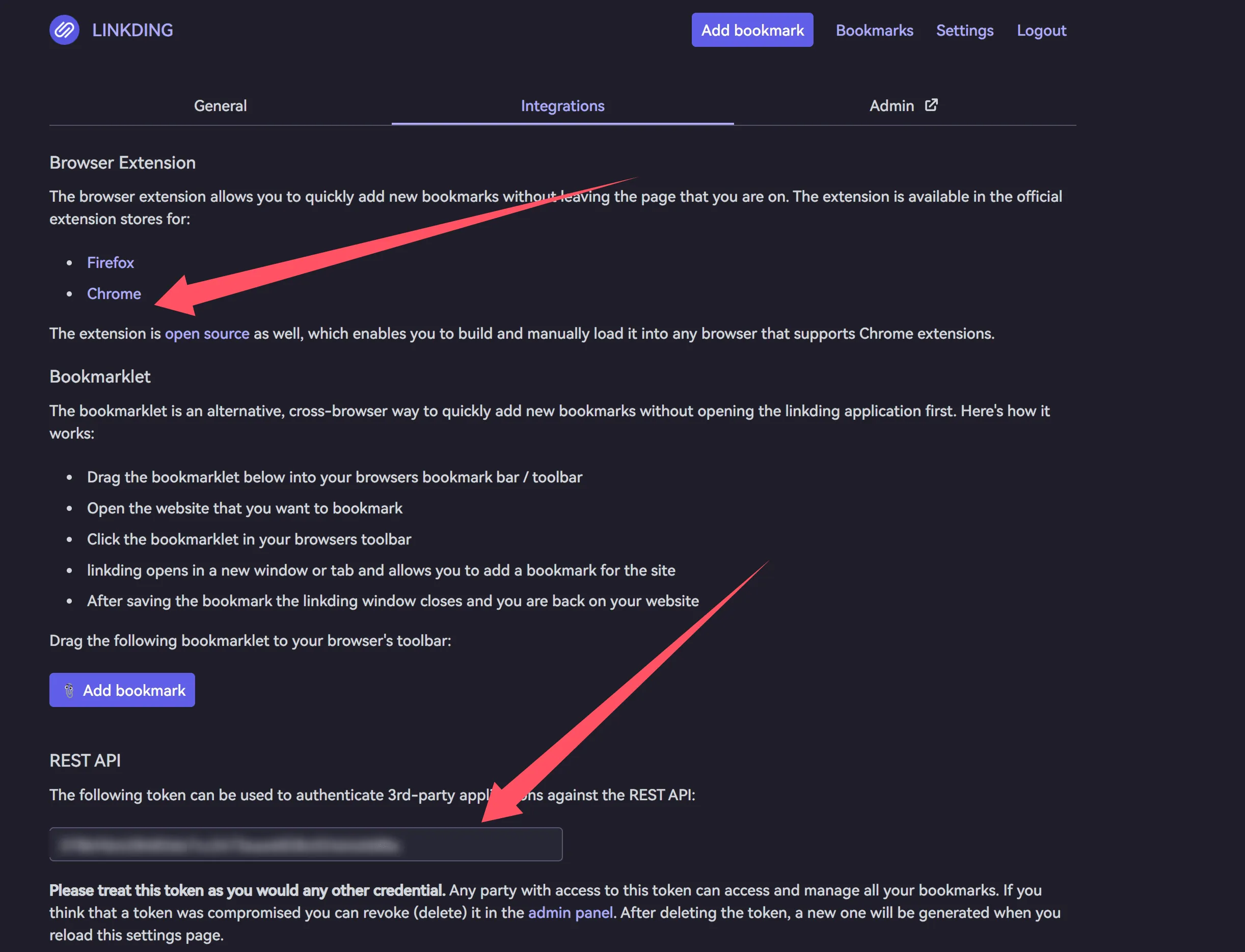 LINKDING集成和REST API页面界面截图