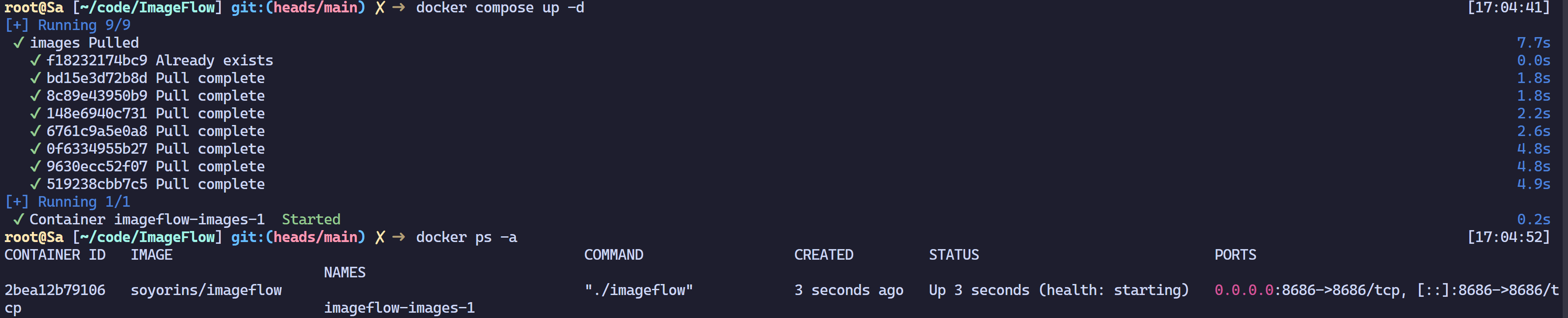 Docker终端显示docker compose和ps命令输出